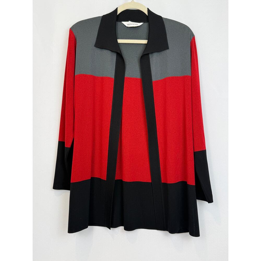 Exclusively Misook Colorblock Open Front Cardigan Jacket Size M Red Black